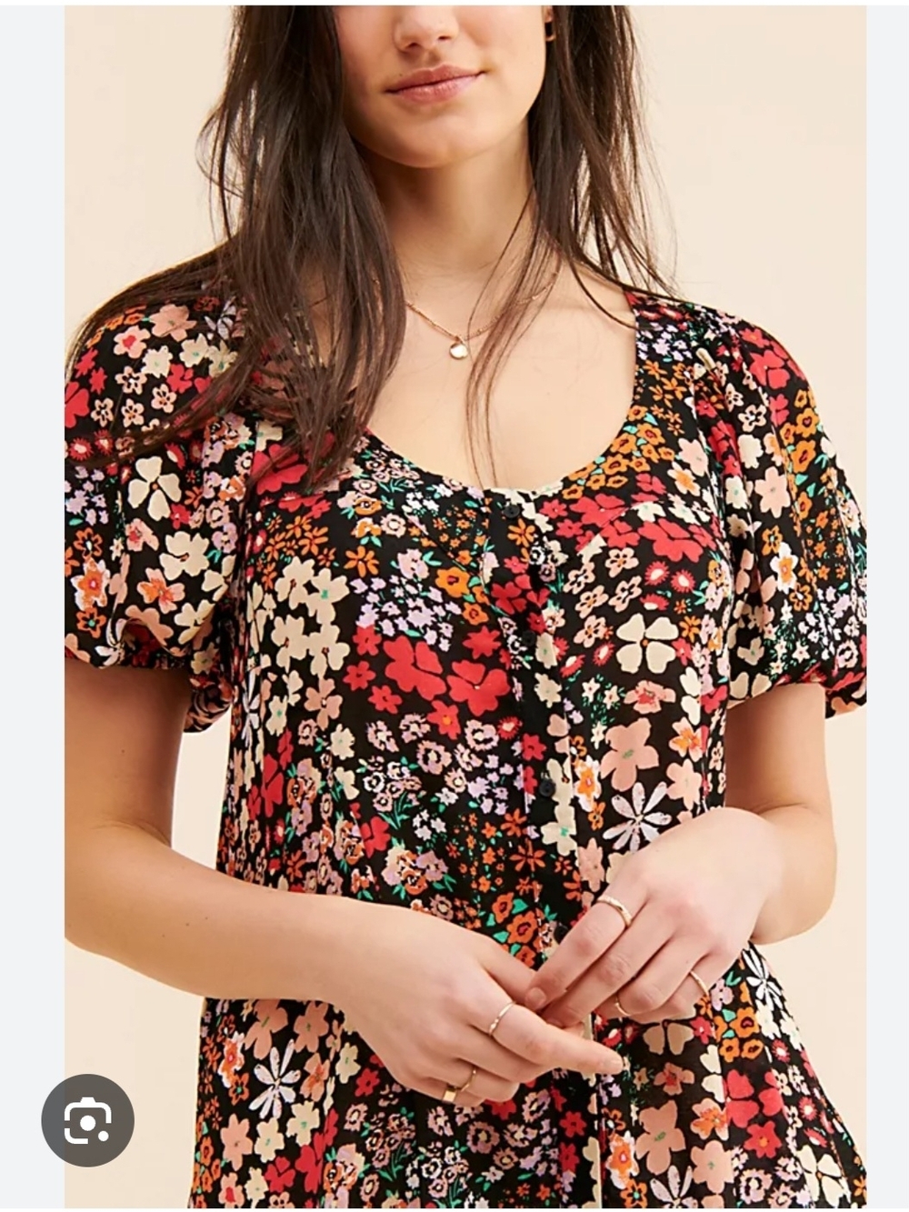 Free People Black Floral Scoop-Neck Puff Sleeve Blouse